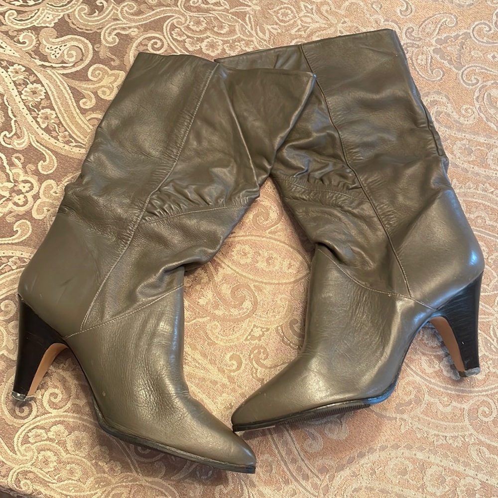 Grey leather boots with 3” heel